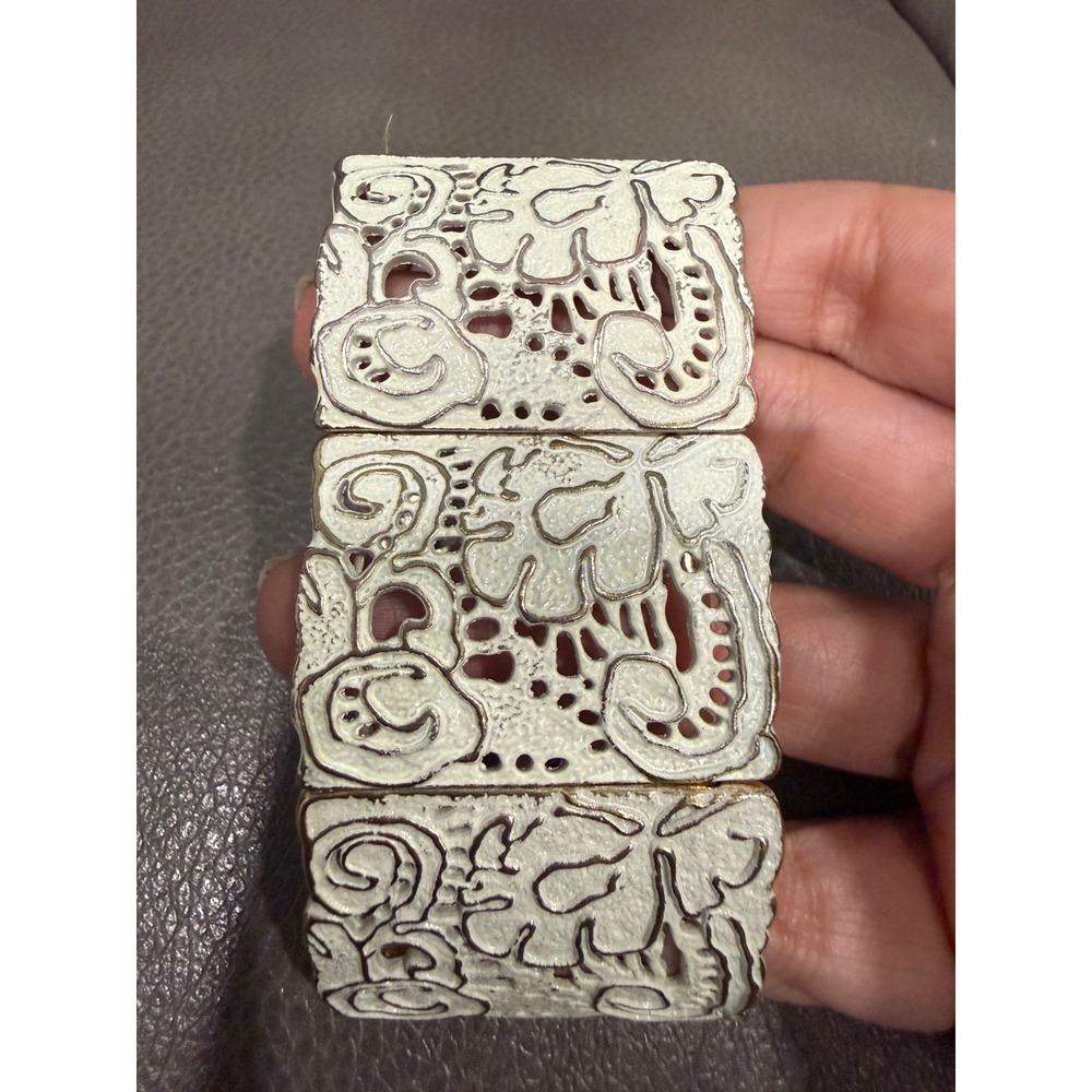White Enamel Gold Tone Filigree Cutout Wide Panel Stretch Statement Bracelet